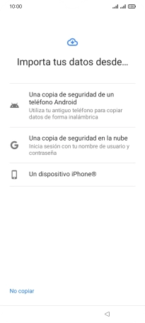 Pulsa el ajuste deseado y sigue las instrucciones de la pantalla para transferir el contenido del otro teléfono. Pulsa el ajuste deseado y sigue las instrucciones de la pantalla para transferir el contenido del otro teléfono.