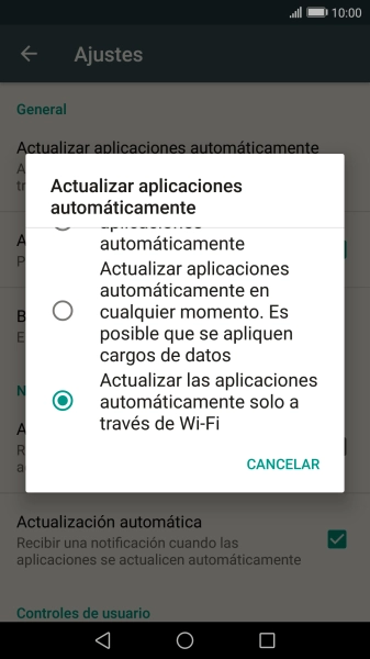 Pulsa Actualizar las aplicaciones automáticamente solo a través de Wi-Fi para activar la función. Pulsa Actualizar las aplicaciones automáticamente solo a través de Wi-Fi para activar la función.