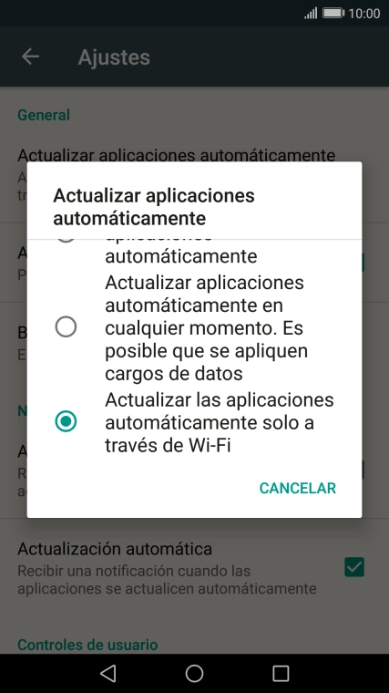 Pulsa Actualizar las aplicaciones automáticamente solo a través de Wi-Fi para activar la función. Pulsa Actualizar las aplicaciones automáticamente solo a través de Wi-Fi para activar la función.