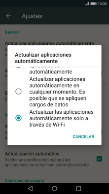 Pulsa Actualizar las aplicaciones automáticamente solo a través de Wi-Fi para activar la función. Pulsa Actualizar las aplicaciones automáticamente solo a través de Wi-Fi para activar la función.