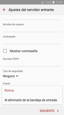 Pulsa Nunca para conservar los correos electrónicos en el servidor cuando los borras del teléfono. Pulsa Nunca para conservar los correos electrónicos en el servidor cuando los borras del teléfono.