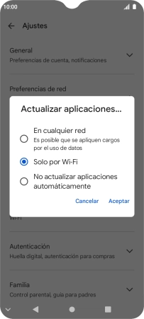 Para activar la actualización automática de apps utilizando la red móvil, pulsa En cualquier red. Para activar la actualización automática de apps utilizando la red móvil, pulsa En cualquier red.
