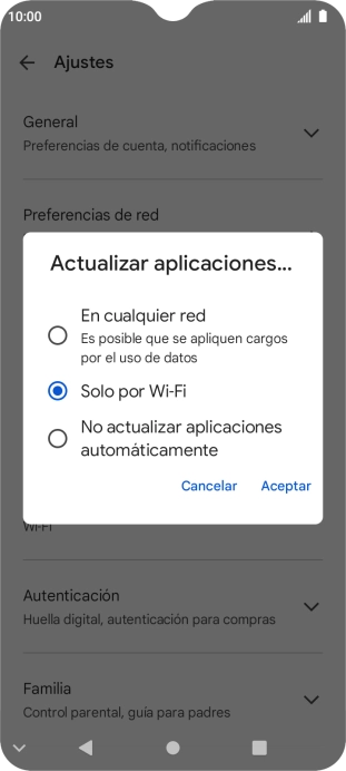 Para activar la actualización automática de apps utilizando la red móvil, pulsa En cualquier red. Para activar la actualización automática de apps utilizando la red móvil, pulsa En cualquier red.