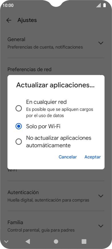 Para activar la actualización automática de apps utilizando la red móvil, pulsa En cualquier red. Para activar la actualización automática de apps utilizando la red móvil, pulsa En cualquier red.