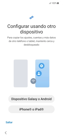 Pulsa la opción deseada para transferir contenido desde otro dispositivo y pulsa Saltar. Pulsa la opción deseada para transferir contenido desde otro dispositivo y pulsa Saltar.