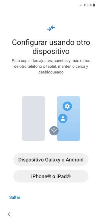Pulsa la opción deseada para transferir contenido desde otro dispositivo y pulsa Saltar. Pulsa la opción deseada para transferir contenido desde otro dispositivo y pulsa Saltar.