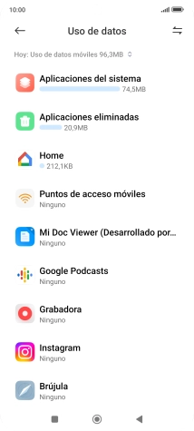 El consumo de datos por cada aplicación aparece bajo el nombre de la aplicación. El consumo de datos por cada aplicación aparece bajo el nombre de la aplicación.