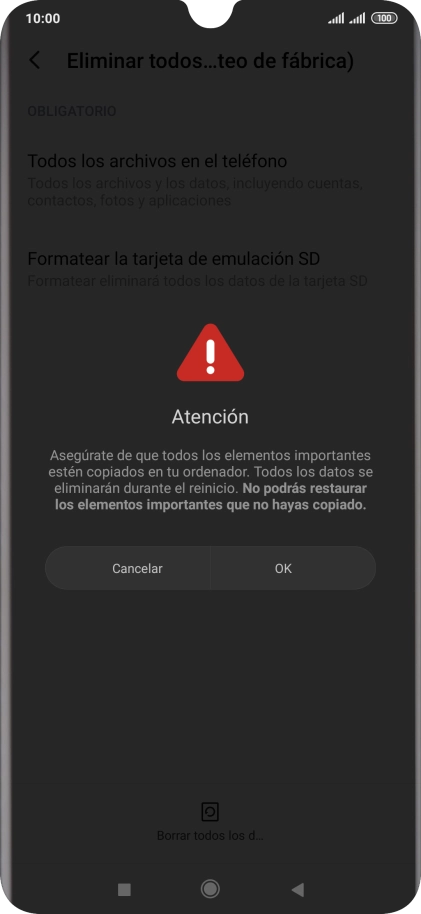 Pulsa OK. Espera unos instantes mientras el teléfono restablece la configuración predeterminada. Sigue las indicaciones de la pantalla para configurar el teléfono y dejarlo listo para su uso. Pulsa OK. Espera unos instantes mientras el teléfono restablece la configuración predeterminada. Sigue las indicaciones de la pantalla para configurar el teléfono y dejarlo listo para su uso.