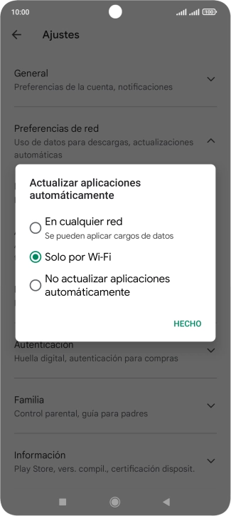 Para activar la actualización automática de apps utilizando la red móvil, pulsa En cualquier red. Para activar la actualización automática de apps utilizando la red móvil, pulsa En cualquier red.