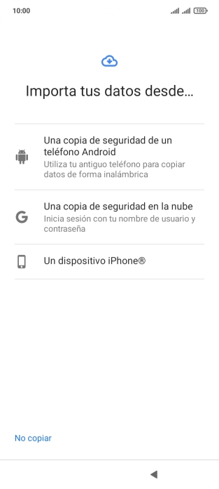 Pulsa la opción deseada y sigue las indicaciones de la pantalla para transferir contenido desde el otro teléfono y finalizar la activación de tu teléfono. Pulsa la opción deseada y sigue las indicaciones de la pantalla para transferir contenido desde el otro teléfono y finalizar la activación de tu teléfono.