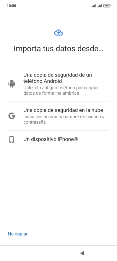 Pulsa la opción deseada y sigue las indicaciones de la pantalla para transferir contenido desde el otro teléfono y finalizar la activación de tu teléfono. Pulsa la opción deseada y sigue las indicaciones de la pantalla para transferir contenido desde el otro teléfono y finalizar la activación de tu teléfono.