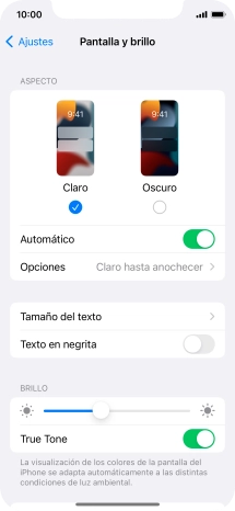 Si activas la función, pulsa Opciones y sigue las indicaciones de la pantalla para seleccionar el período de tiempo que debe durar el Modo Oscuro. Si activas la función, pulsa Opciones y sigue las indicaciones de la pantalla para seleccionar el período de tiempo que debe durar el Modo Oscuro.