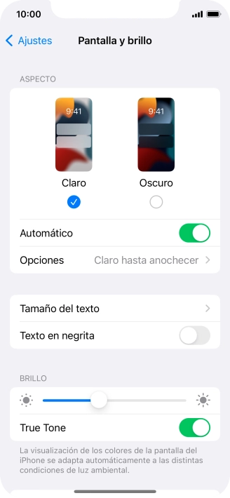 Si activas la función, pulsa Opciones y sigue las indicaciones de la pantalla para seleccionar el período de tiempo que debe durar el Modo Oscuro. Si activas la función, pulsa Opciones y sigue las indicaciones de la pantalla para seleccionar el período de tiempo que debe durar el Modo Oscuro.
