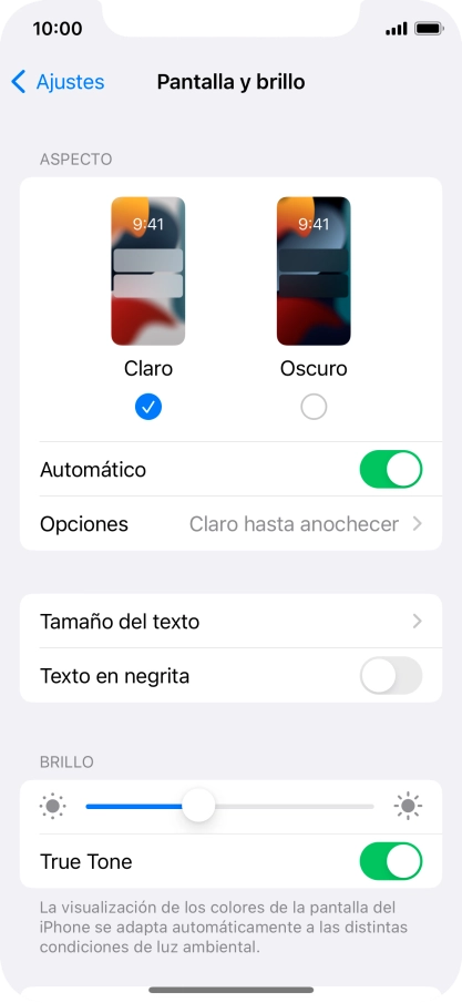 Si activas la función, pulsa Opciones y sigue las indicaciones de la pantalla para seleccionar el período de tiempo que debe durar el Modo Oscuro. Si activas la función, pulsa Opciones y sigue las indicaciones de la pantalla para seleccionar el período de tiempo que debe durar el Modo Oscuro.