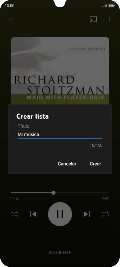 Introduce el nombre deseado de la lista de reproducción y pulsa Crear. Introduce el nombre deseado de la lista de reproducción y pulsa Crear.