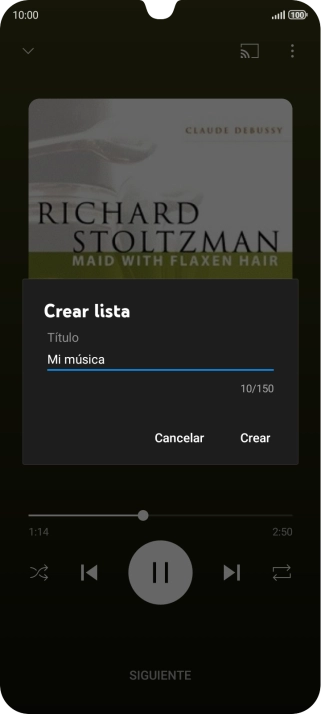 Introduce el nombre deseado de la lista de reproducción y pulsa Crear. Introduce el nombre deseado de la lista de reproducción y pulsa Crear.