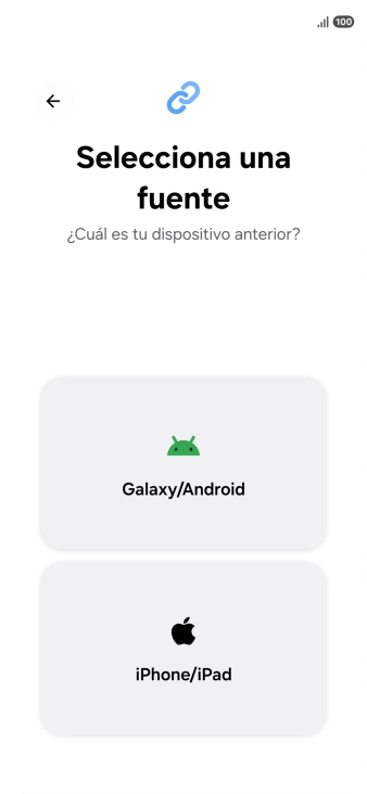 Pulsa el ajuste deseado y sigue las instrucciones de la pantalla para transferir el contenido del otro teléfono. Pulsa el ajuste deseado y sigue las instrucciones de la pantalla para transferir el contenido del otro teléfono.