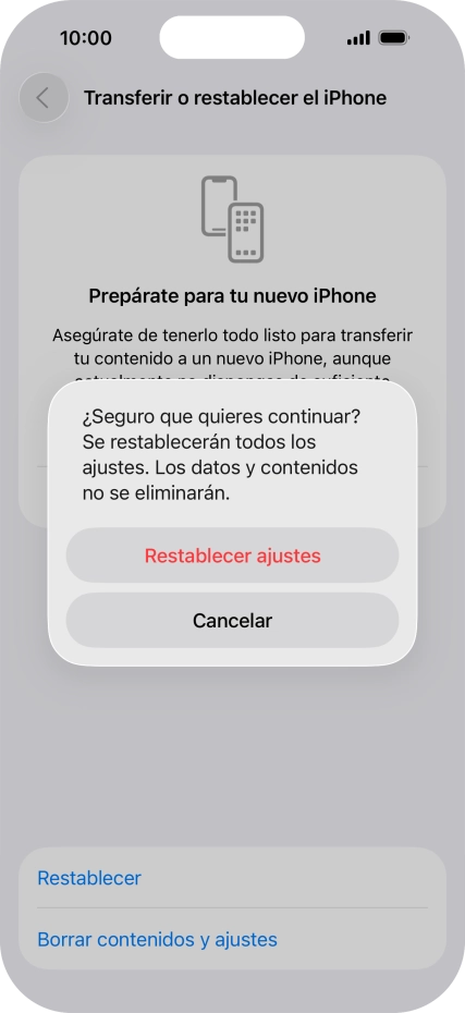 Pulsa Restablecer ajustes. Espera unos instantes mientras el teléfono restablece la configuración predeterminada. Sigue las indicaciones de la pantalla para configurar el teléfono y dejarlo listo para su uso. Pulsa Restablecer ajustes. Espera unos instantes mientras el teléfono restablece la configuración predeterminada. Sigue las indicaciones de la pantalla para configurar el teléfono y dejarlo listo para su uso.