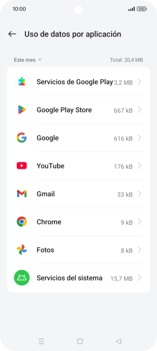 El consumo de datos por cada aplicación aparece bajo el nombre de la aplicación. El consumo de datos por cada aplicación aparece bajo el nombre de la aplicación.