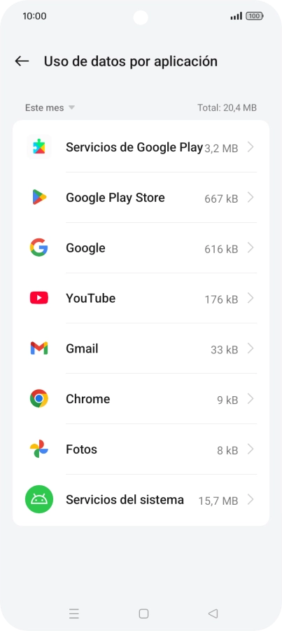 El consumo de datos por cada aplicación aparece bajo el nombre de la aplicación. El consumo de datos por cada aplicación aparece bajo el nombre de la aplicación.