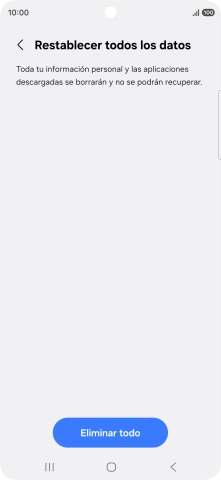 Pulsa Eliminar todo. Espera unos instantes mientras el teléfono restablece la configuración predeterminada. Sigue las indicaciones de la pantalla para configurar el teléfono y dejarlo listo para su uso. Pulsa Eliminar todo. Espera unos instantes mientras el teléfono restablece la configuración predeterminada. Sigue las indicaciones de la pantalla para configurar el teléfono y dejarlo listo para su uso.