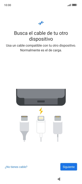 Si tienes un cable que pueda conectar ambos teléfonos, inserta el cable y sigue las instrucciones de la pantalla para transferir contenido a tu teléfono. Si no tienes un cable, pulsa ¿No tienes cable?. Si tienes un cable que pueda conectar ambos teléfonos, inserta el cable y sigue las instrucciones de la pantalla para transferir contenido a tu teléfono. Si no tienes un cable, pulsa ¿No tienes cable?.