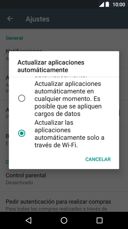 Para activar la actualización automática de apps utilizando la red móvil, pulsa Actualizar aplicaciones automáticamente en cualquier momento. Es posible que se apliquen cargos de datos. Para activar la actualización automática de apps utilizando la red móvil, pulsa Actualizar aplicaciones automáticamente en cualquier momento. Es posible que se apliquen cargos de datos.