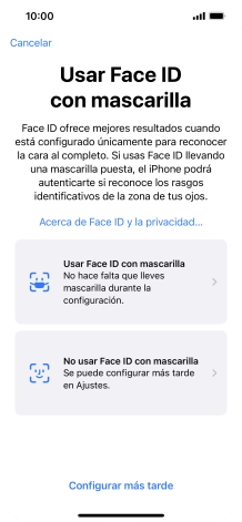 Pulsa Configurar más tarde. Si no has añadido anteriormente un código de seguridad, tendrás que introducir un código de libre elección dos veces consecutivas. Pulsa Configurar más tarde. Si no has añadido anteriormente un código de seguridad, tendrás que introducir un código de libre elección dos veces consecutivas.