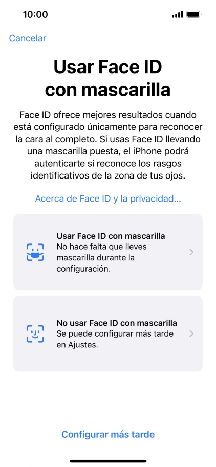Pulsa Configurar más tarde. Si no has añadido anteriormente un código de seguridad, tendrás que introducir un código de libre elección dos veces consecutivas. Pulsa Configurar más tarde. Si no has añadido anteriormente un código de seguridad, tendrás que introducir un código de libre elección dos veces consecutivas.