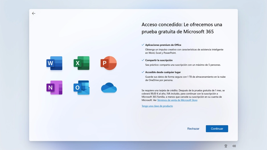 Sigue las indicaciones de la pantalla para crear una suscripción en Microsoft Office o haz clic en Rechazar para terminar de configurar el ordenador. Sigue las indicaciones de la pantalla para crear una suscripción en Microsoft Office o haz clic en Rechazar para terminar de configurar el ordenador.