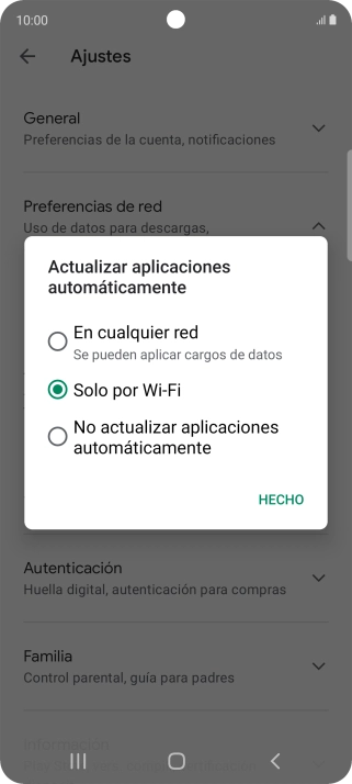 Para activar la actualización automática de apps utilizando la red móvil, pulsa En cualquier red. Para activar la actualización automática de apps utilizando la red móvil, pulsa En cualquier red.