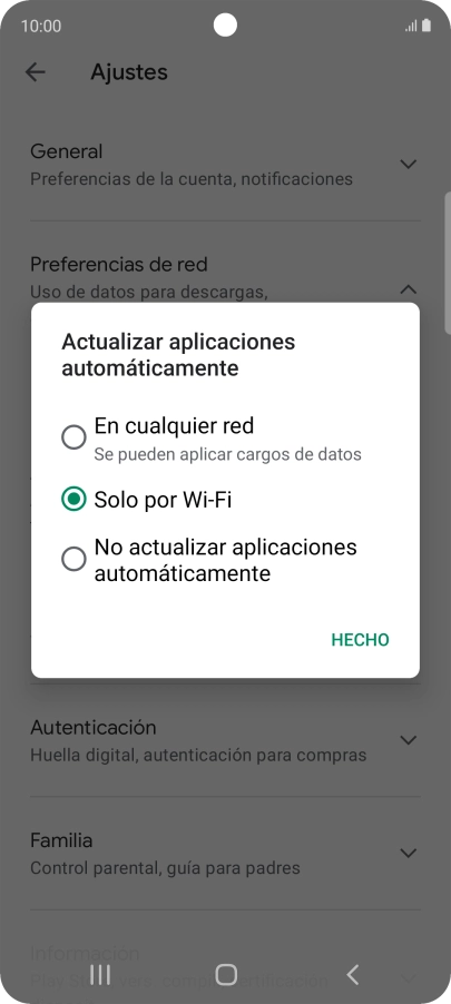 Para activar la actualización automática de apps utilizando la red móvil, pulsa En cualquier red. Para activar la actualización automática de apps utilizando la red móvil, pulsa En cualquier red.