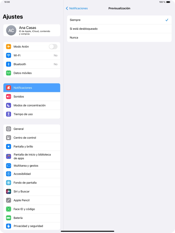 Para seleccionar la vista previa de las notificaciones en la pantalla de bloqueo, pulsa Siempre.