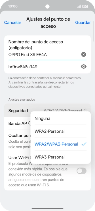 Pulsa WPA3-Personal para proteger la conexión wifi con una contraseña. Pulsa WPA3-Personal para proteger la conexión wifi con una contraseña.