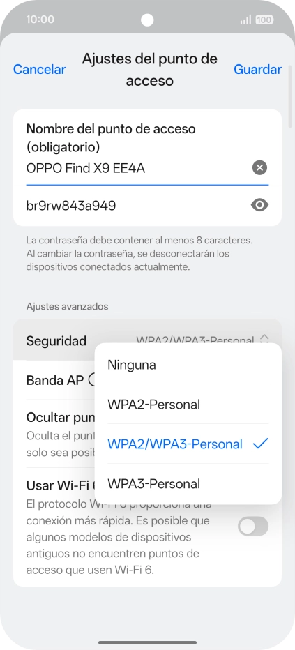 Pulsa WPA3-Personal para proteger la conexión wifi con una contraseña. Pulsa WPA3-Personal para proteger la conexión wifi con una contraseña.