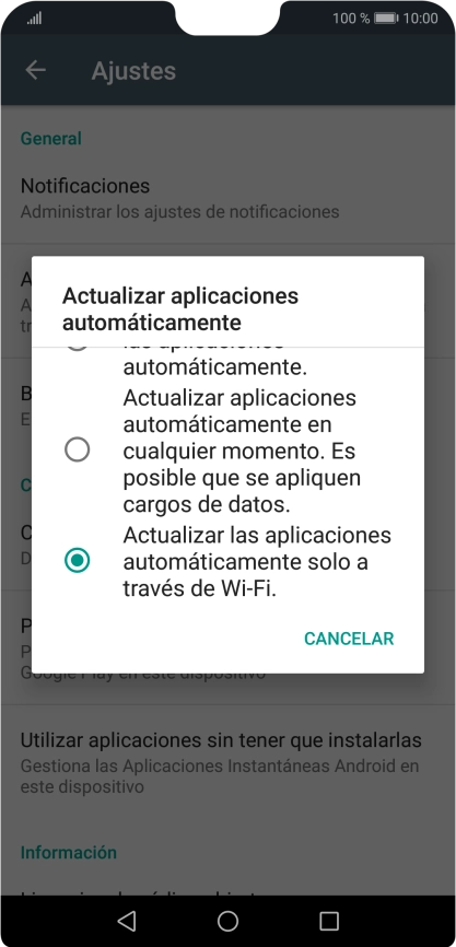 Para activar la actualización automática de apps utilizando la red móvil, pulsa Actualizar aplicaciones automáticamente en cualquier momento. Es posible que se apliquen cargos de datos.. Para activar la actualización automática de apps utilizando la red móvil, pulsa Actualizar aplicaciones automáticamente en cualquier momento. Es posible que se apliquen cargos de datos..