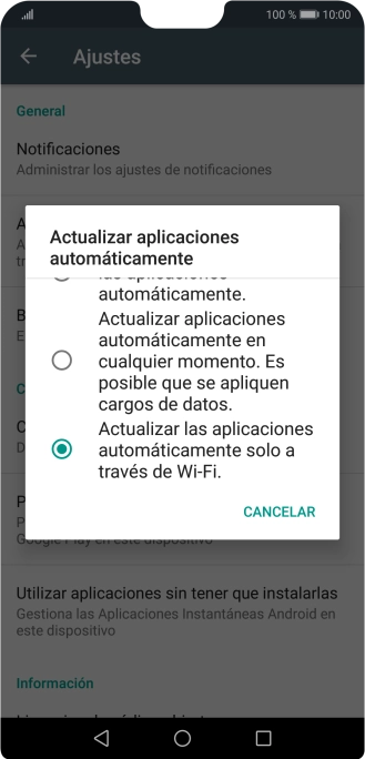 Para activar la actualización automática de apps utilizando la red móvil, pulsa Actualizar aplicaciones automáticamente en cualquier momento. Es posible que se apliquen cargos de datos.. Para activar la actualización automática de apps utilizando la red móvil, pulsa Actualizar aplicaciones automáticamente en cualquier momento. Es posible que se apliquen cargos de datos..