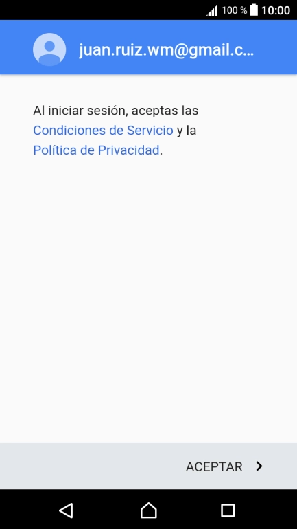 Pulsa ACEPTAR y sigue las indicaciones de la pantalla para seleccionar los ajustes de tu cuenta de Google. Pulsa ACEPTAR y sigue las indicaciones de la pantalla para seleccionar los ajustes de tu cuenta de Google.