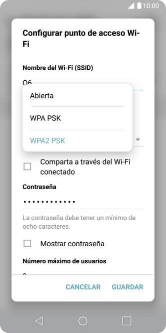 Pulsa WPA2 PSK para proteger la conexión wifi con una contraseña.