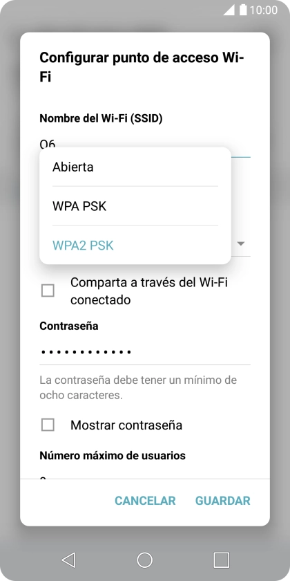 Pulsa WPA2 PSK para proteger la conexión wifi con una contraseña.