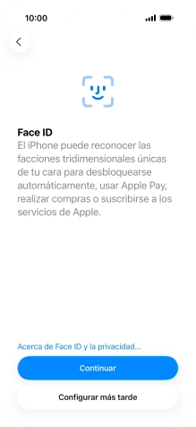 Sigue las indicaciones de la pantalla para activar el uso del reconocimiento facial (Face ID) o pulsa Configurar más tarde. Sigue las indicaciones de la pantalla para activar el uso del reconocimiento facial (Face ID) o pulsa Configurar más tarde.