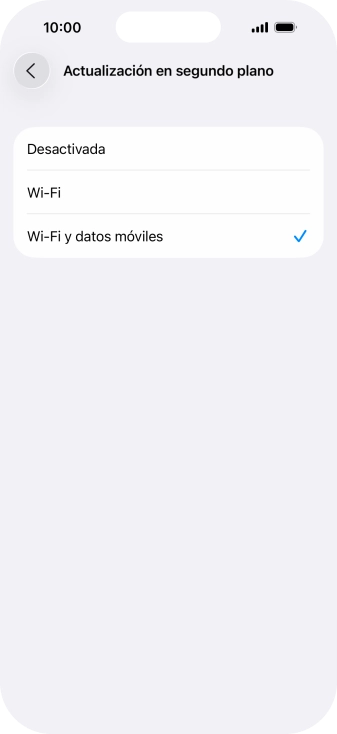 Para desactivar la actualización de apps en ejecución, pulsa Desactivada. Para desactivar la actualización de apps en ejecución, pulsa Desactivada.