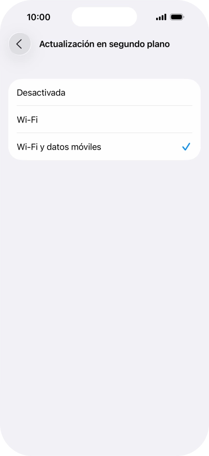 Para desactivar la actualización de apps en ejecución, pulsa Desactivada. Para desactivar la actualización de apps en ejecución, pulsa Desactivada.