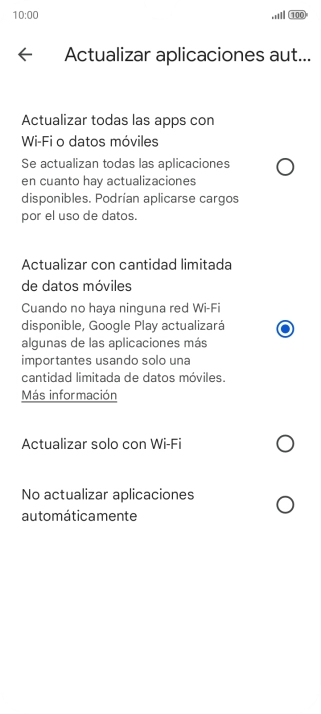 Para activar la actualización automática de apps utilizando la red móvil, pulsa Actualizar todas las apps con Wi-Fi o datos móviles. Para activar la actualización automática de apps utilizando la red móvil, pulsa Actualizar todas las apps con Wi-Fi o datos móviles.