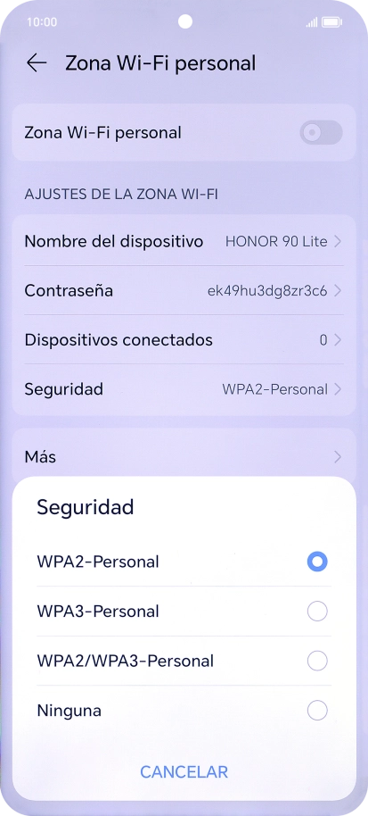 Pulsa WPA3-Personal para proteger la conexión wifi con una contraseña.