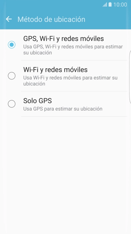 Si seleccionas GPS, Wi-Fi y redes móviles, el teléfono podrá encontrar tu posición exacta con ayuda de los satélites GPS, la red móvil y una red wifi cercana. El GPS por satélite requiere vista libre al cielo. Si seleccionas GPS, Wi-Fi y redes móviles, el teléfono podrá encontrar tu posición exacta con ayuda de los satélites GPS, la red móvil y una red wifi cercana. El GPS por satélite requiere vista libre al cielo.