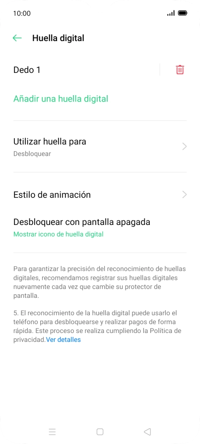 Pulsa el icono de eliminar junto a la huella digital que deseas borrar. Pulsa el icono de eliminar junto a la huella digital que deseas borrar.