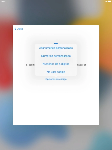 Sigue las indicaciones de la pantalla para activar el uso del código de seguridad o pulsa No usar código. Sigue las indicaciones de la pantalla para activar el uso del código de seguridad o pulsa No usar código.