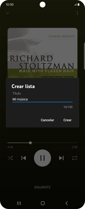 Introduce el nombre deseado de la lista de reproducción y pulsa Crear. Introduce el nombre deseado de la lista de reproducción y pulsa Crear.