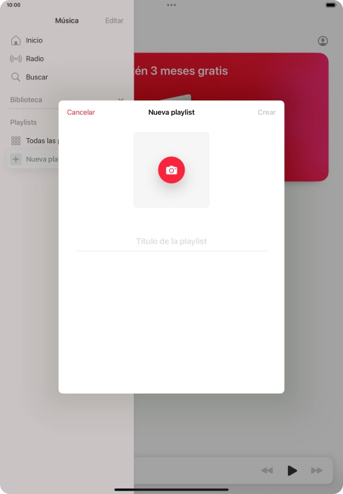 Pulsa en el campo de escritura e introduce el nombre de la lista de reproducción. Pulsa en el campo de escritura e introduce el nombre de la lista de reproducción.